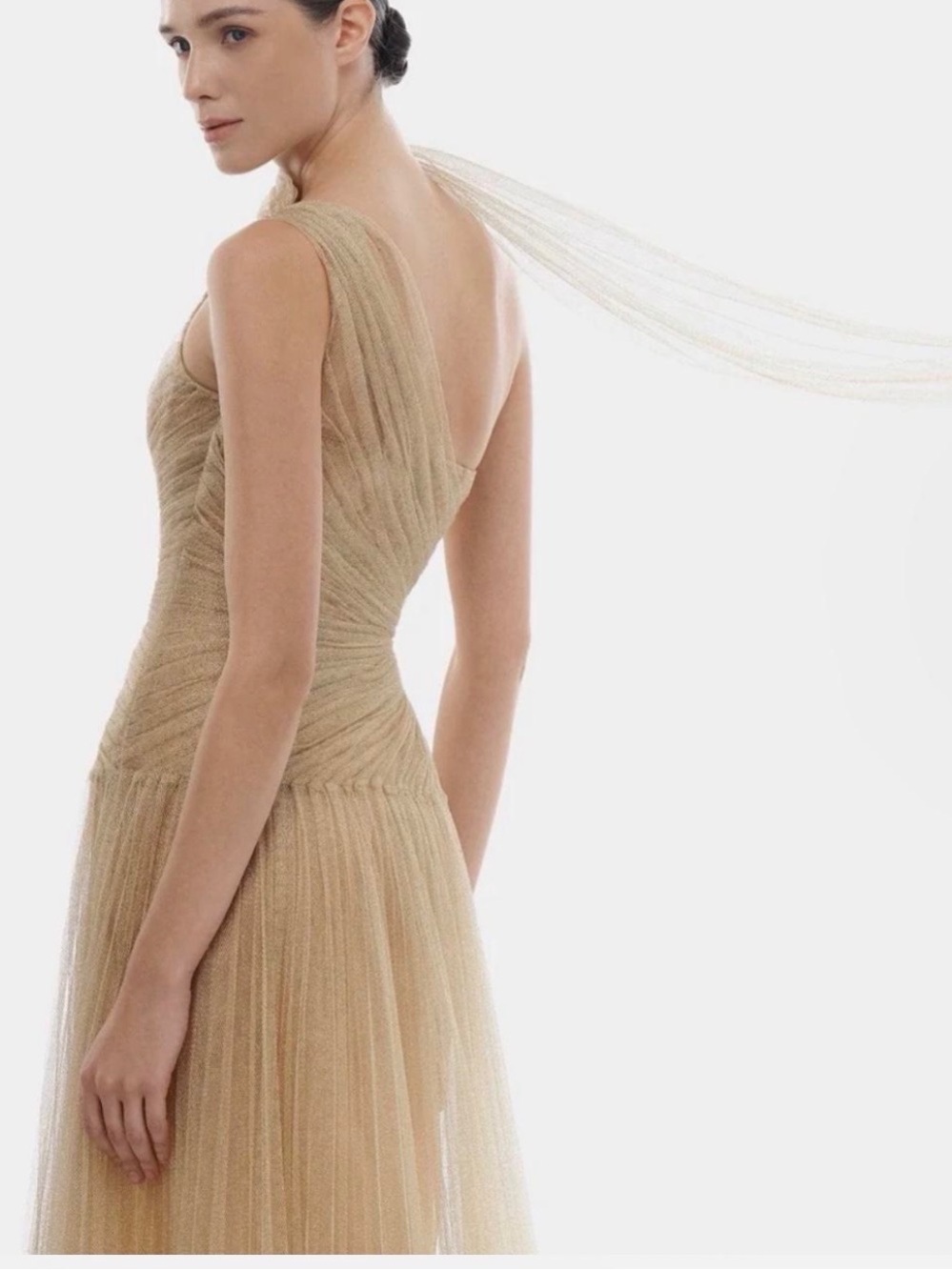 One-Shoulder Champagne Tulle Midi Dress